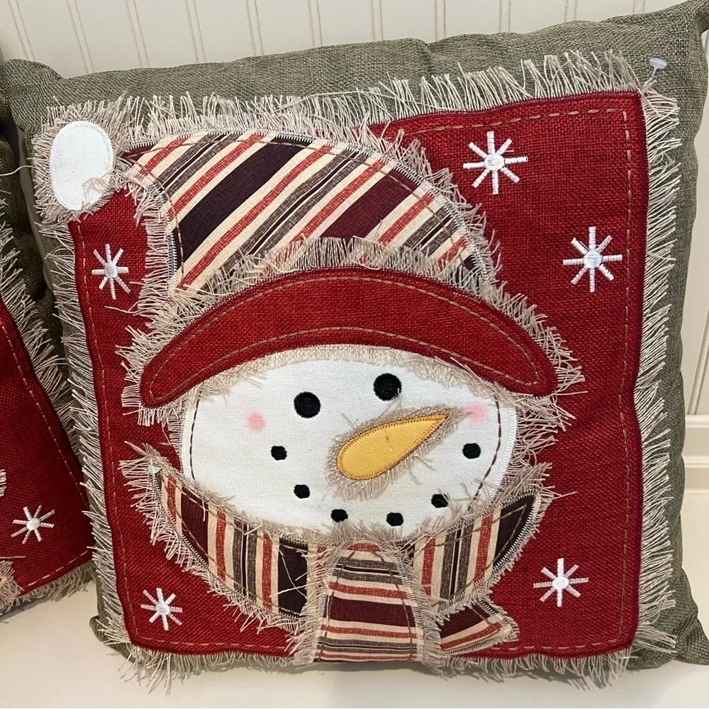 Festive Snowman Holiday Throw Pillows - Red and Olive - Set of 2